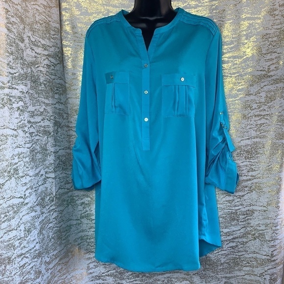 Calvin Klein Light Blue Button Up 3/4 Sleeve Shirt Blouse Size L - Picture 3 of 13
